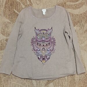 Chico's Beige and Purple Owl Long Sleeve Tee